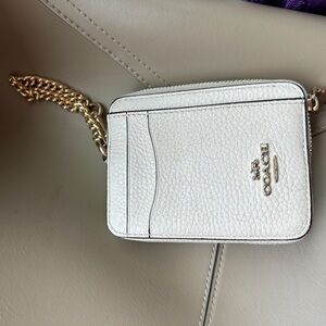 Coach White Leather Card Holder with Gold Chain